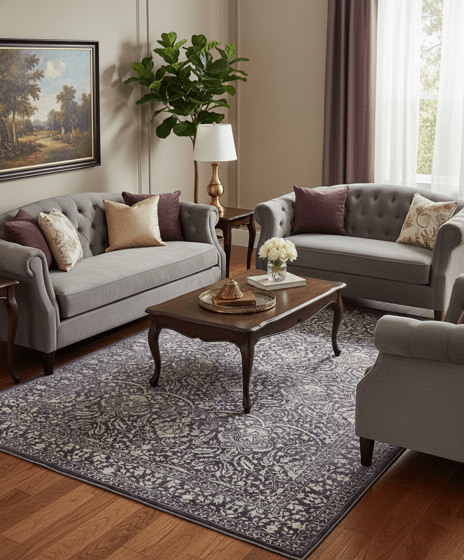 Premium Style Floral Ivory and Dark Purple 5.6x8 Handloom Wool and Viscose Area Rug - The Rug Decor