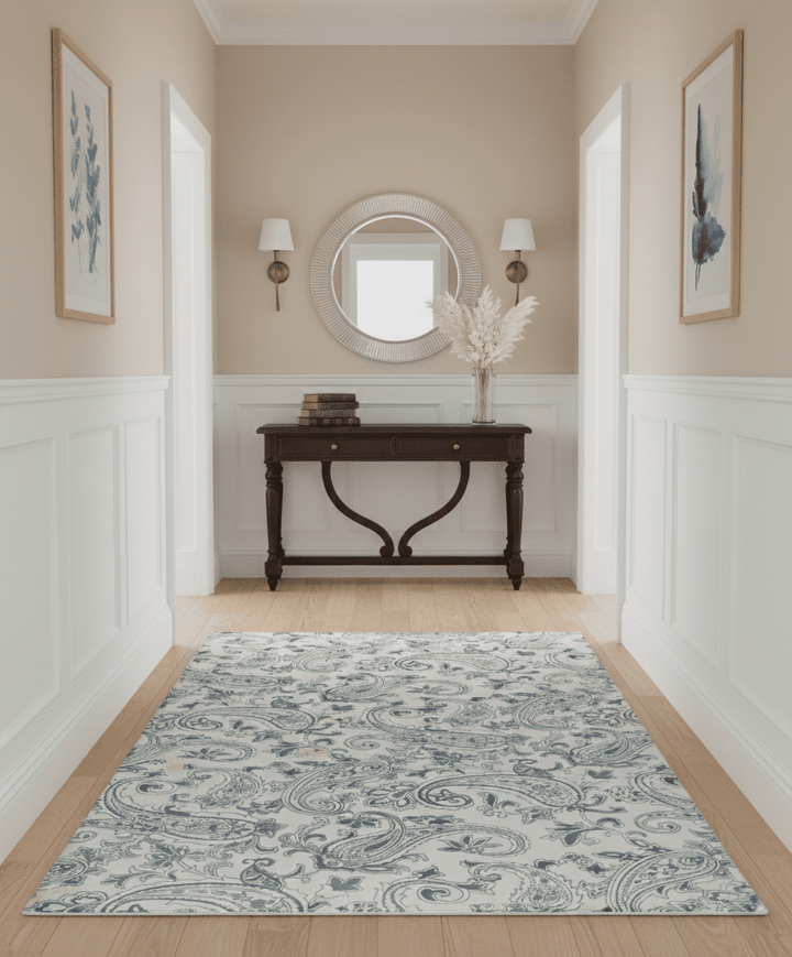 Premium Style Ivory and Charcoal Hand loom 5.6x8 Boteh Design Viscose Area Rug - The Rug Decor