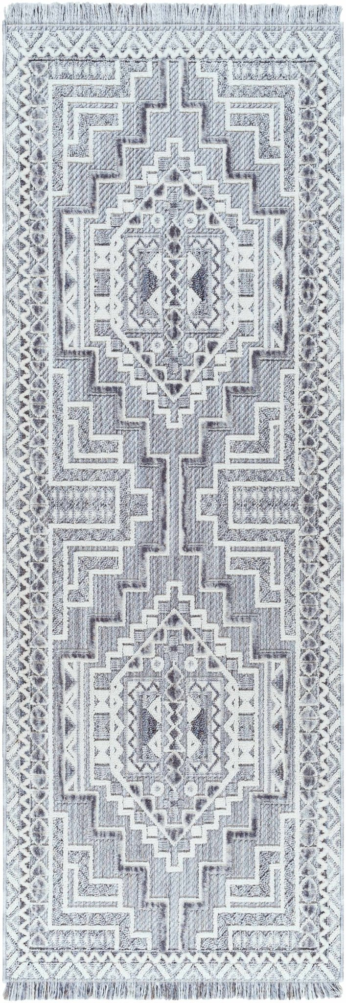 Premium Style Ivory, Light purple and Charcoal Texture Medallion Heriz Design Area Rug - The Rug Decor