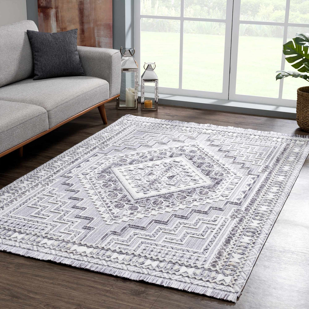 Premium Style Ivory, Light purple and Charcoal Texture Medallion Heriz Design Area Rug - The Rug Decor