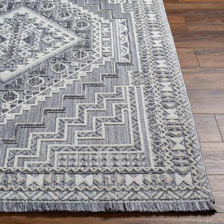 Premium Style Ivory, Light purple and Charcoal Texture Medallion Heriz Design Area Rug - The Rug Decor