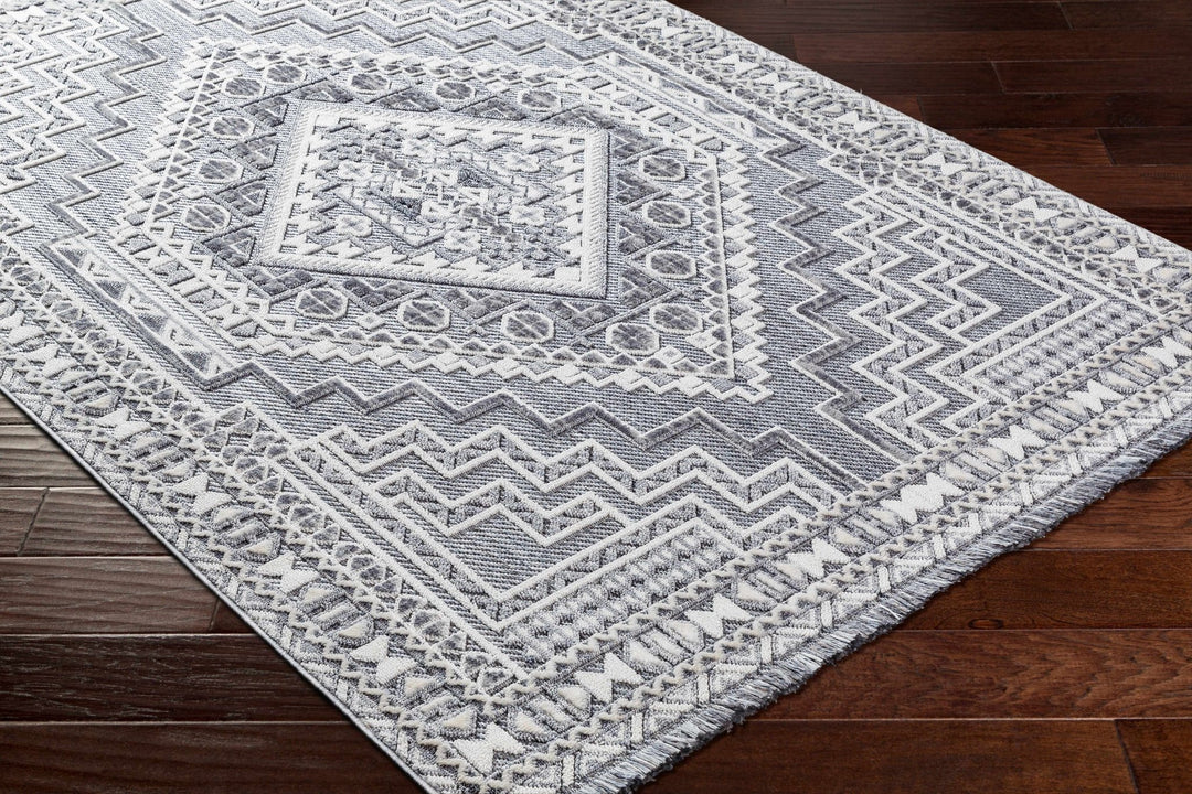 Premium Style Ivory, Light purple and Charcoal Texture Medallion Heriz Design Area Rug - The Rug Decor