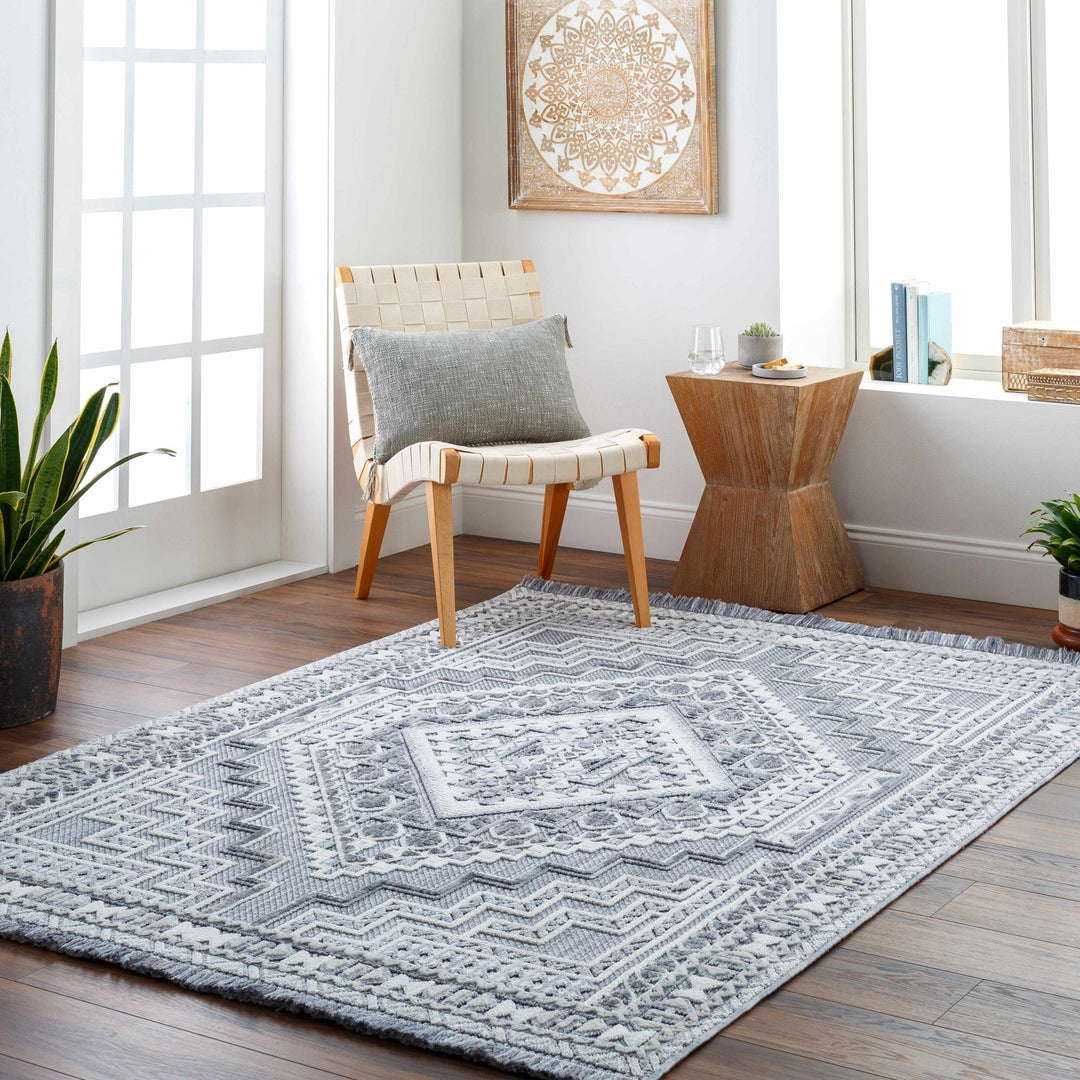 Premium Style Ivory, Light purple and Charcoal Texture Medallion Heriz Design Area Rug - The Rug Decor