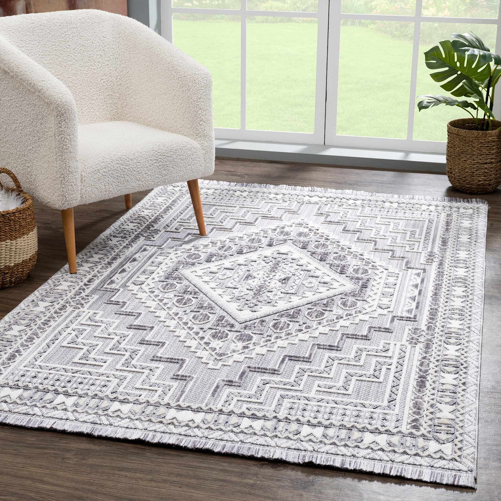 Premium Style Ivory, Light purple and Charcoal Texture Medallion Heriz Design Area Rug - The Rug Decor