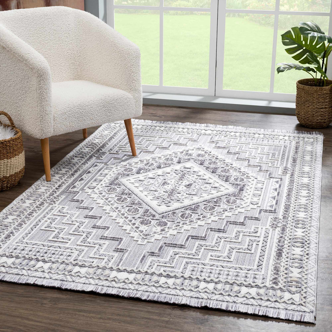 Premium Style Ivory, Light purple and Charcoal Texture Medallion Heriz Design Area Rug - The Rug Decor