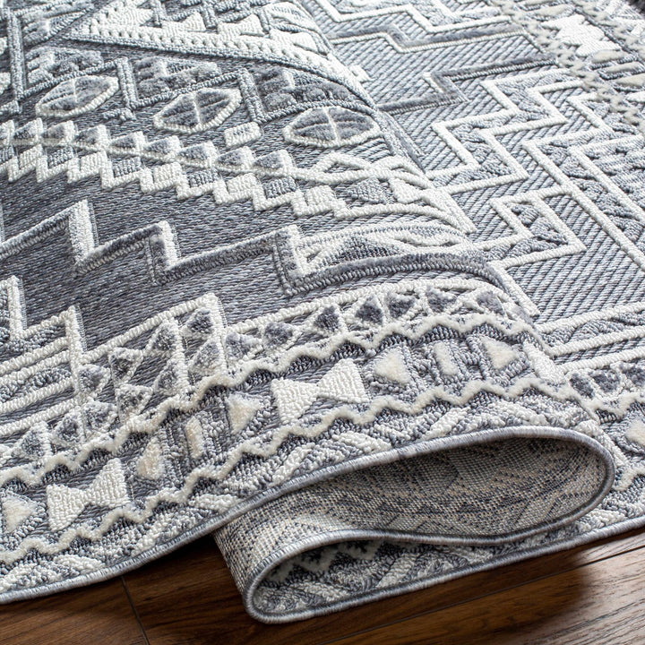 Premium Style Ivory, Light purple and Charcoal Texture Medallion Heriz Design Area Rug - The Rug Decor