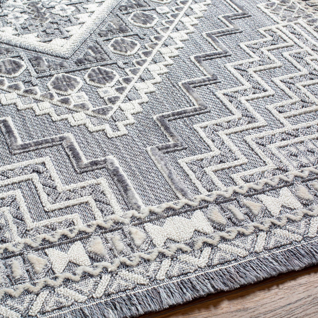 Premium Style Ivory, Light purple and Charcoal Texture Medallion Heriz Design Area Rug - The Rug Decor