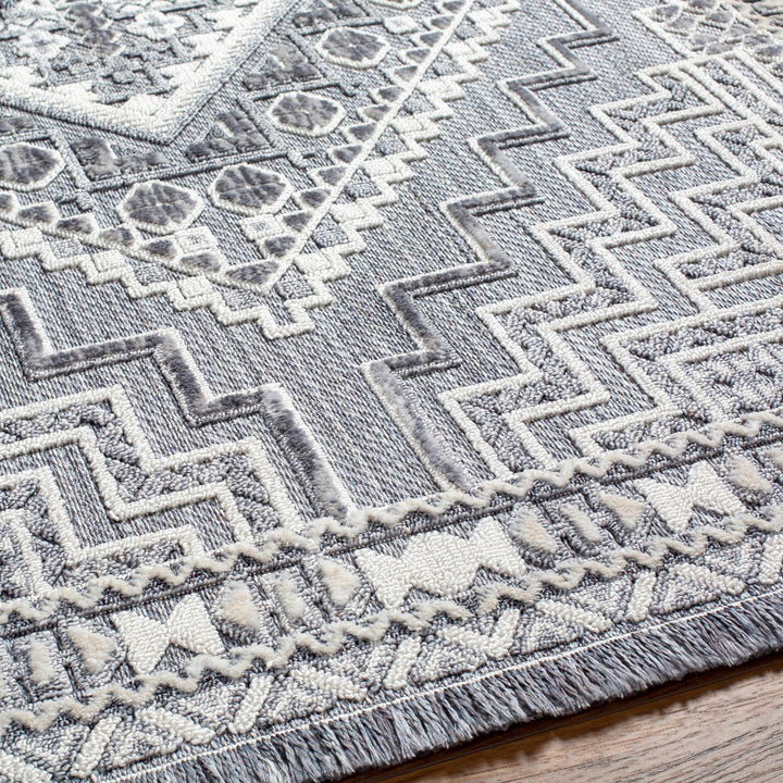 Premium Style Ivory, Light purple and Charcoal Texture Medallion Heriz Design Area Rug - The Rug Decor