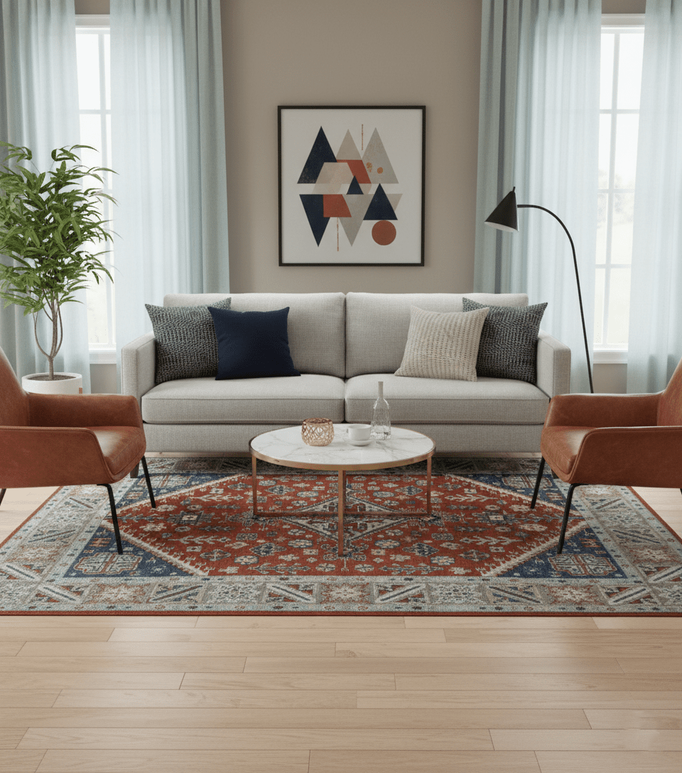 Premium Style Rust, Blue and Beige Hand Knotted Traditional Heriz wool Area Rug - The Rug Decor