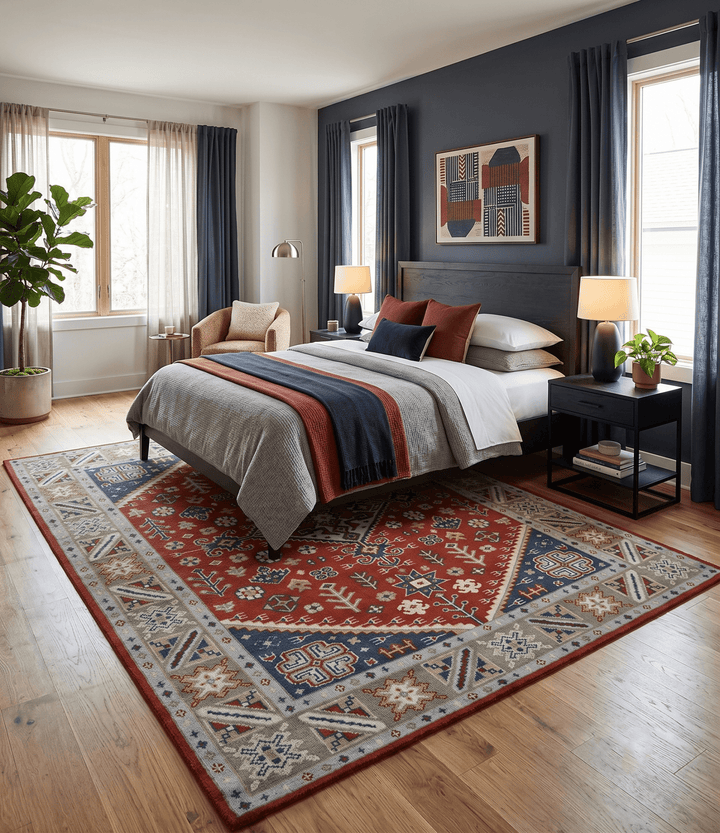 Premium Style Rust, Blue and Beige Hand Knotted Traditional Heriz wool Area Rug - The Rug Decor