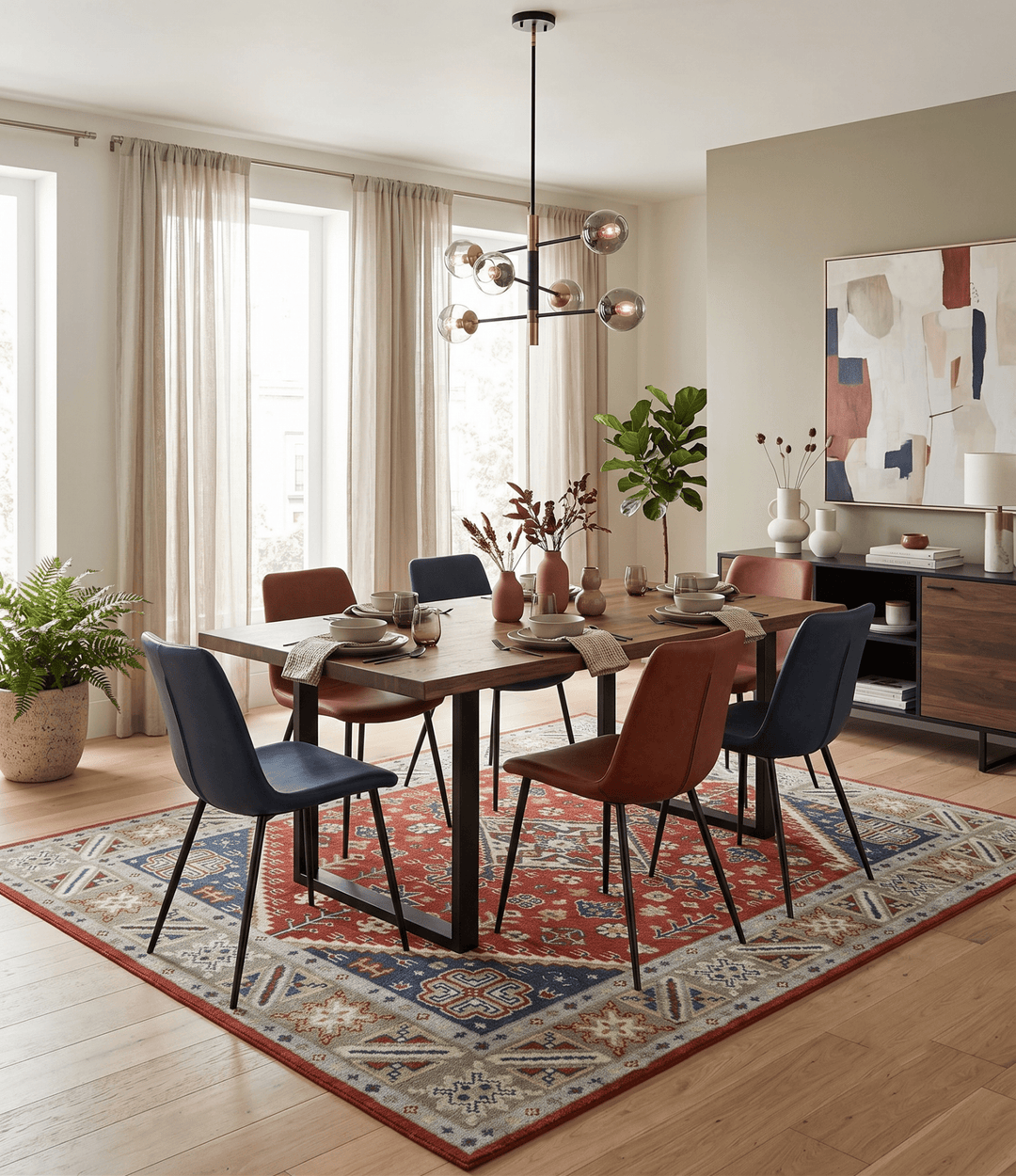 Premium Style Rust, Blue and Beige Hand Knotted Traditional Heriz wool Area Rug - The Rug Decor