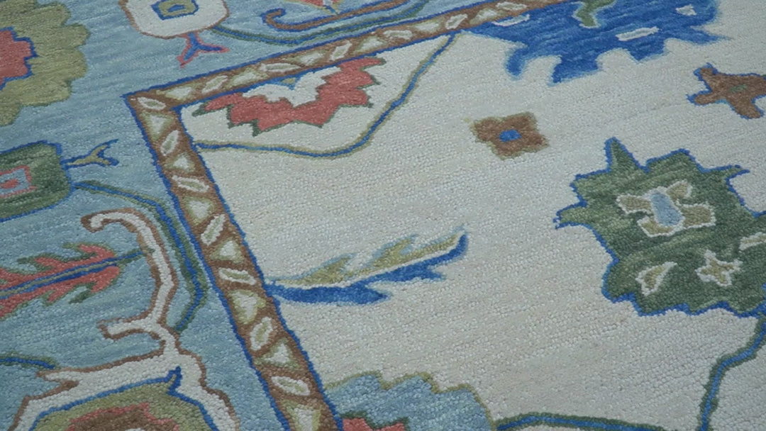 Custom Made Modern Oushak Ivory And Blue Hand Tufted Wool Area Rug