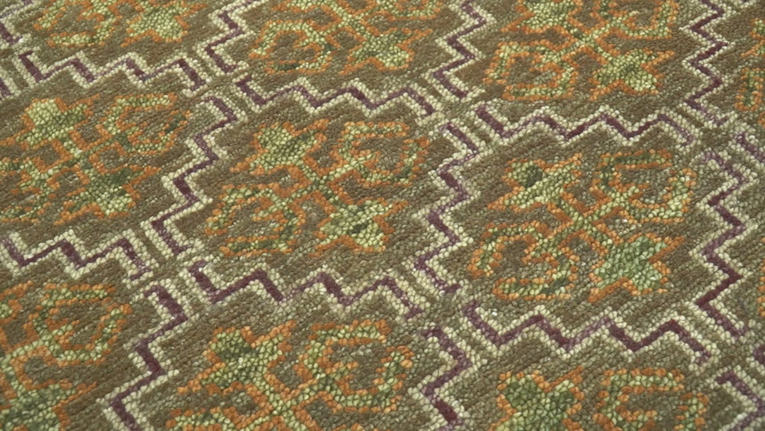 Custom Made Traditional Geometrical Motifs Olive and Rust Hand Knotted wool area rug