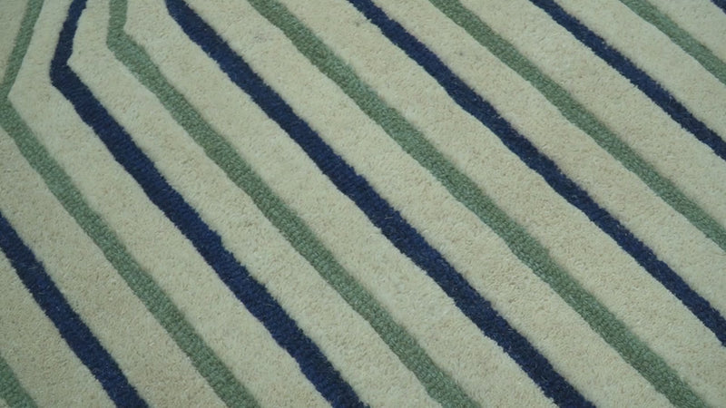 Modern Stripes Design Beige And Blue Hand Tufted Custom Made Wool Area Rug