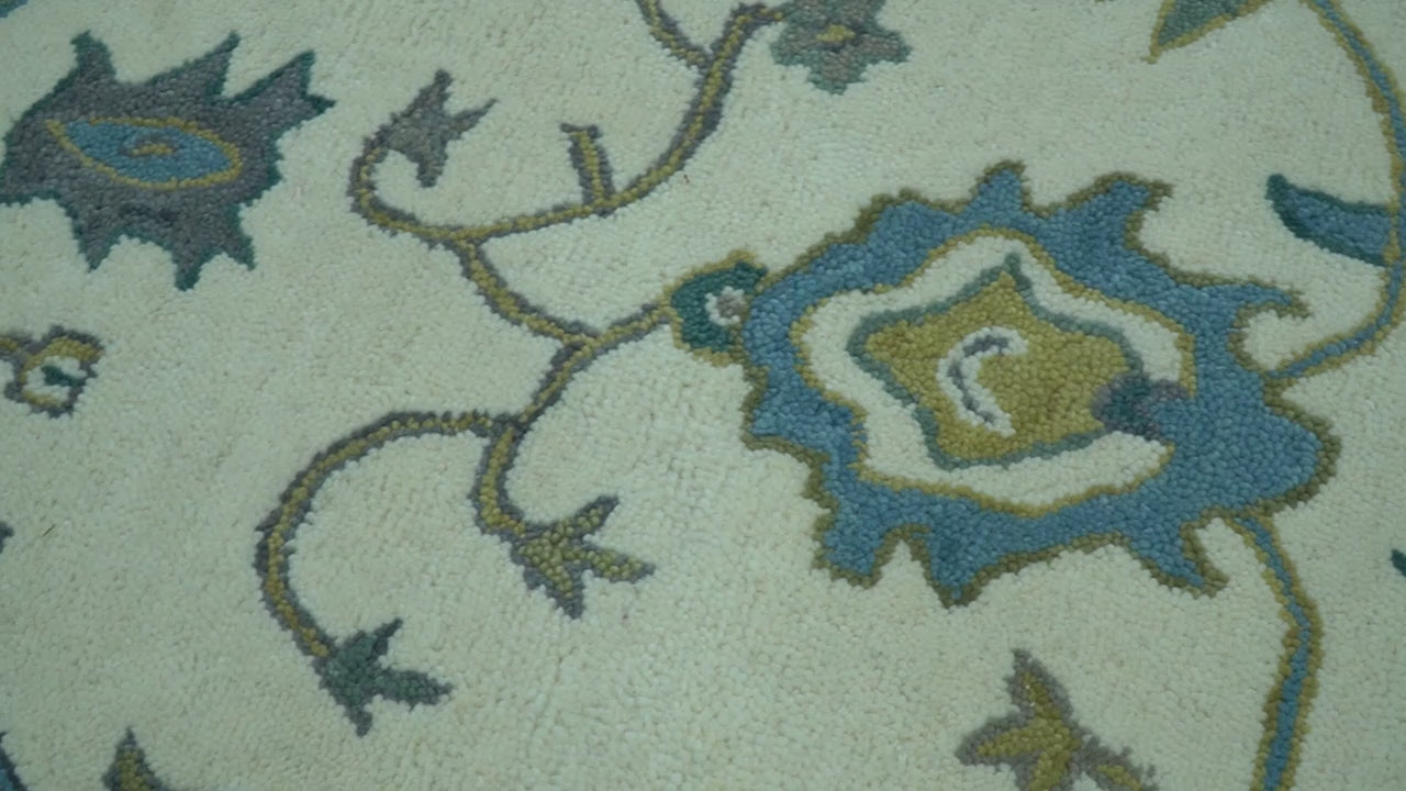 Custom Made Traditional Ivory And Blue Oushak Hand Tufted Wool Area Rug