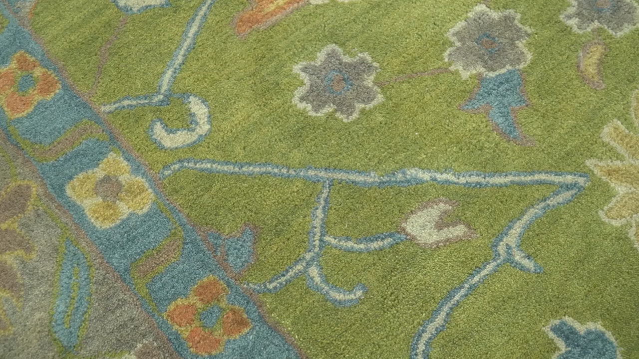 Custom Made Traditional Floral Design Green And Blue Hand Tufted wool Area Rug