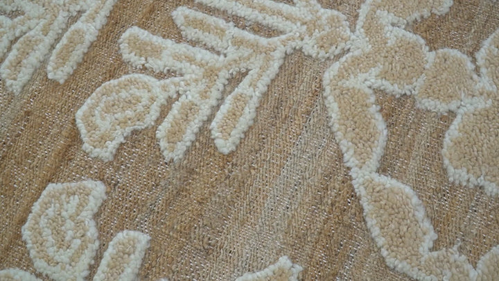 Custom Made Tribal Brown And Ivory Hand Knotted Wool and Jute Rug