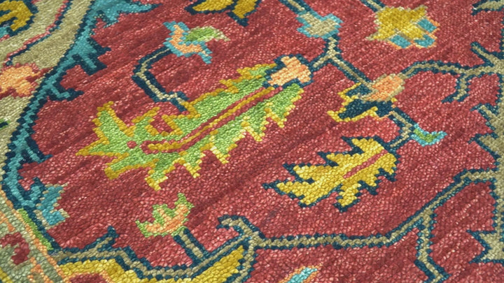 Custom Made Traditional Heriz Design Maroon And Olive Hand Knotted Wool Rug