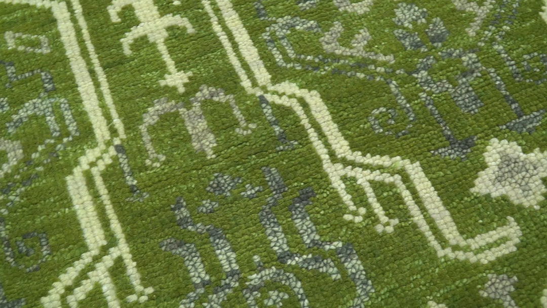 Contemporary Traditional Design Green And Beige Hand Knotted Custom Made Wool Rug