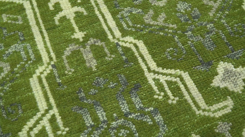 Contemporary Traditional Design Green And Beige Hand Knotted Custom Made Wool Rug