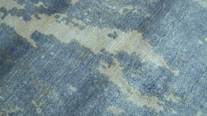 Modern Abstract Blue And Ivory Hand Knotted Wool Area Rug