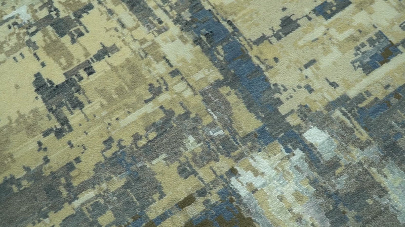 Modern Abstract Design Beige And Blue 9x12 Hand Knotted Wool Area Rug
