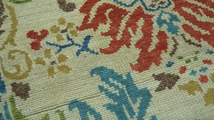 Custom Made Vintage Floral Ikat Design Beige And Blue Hand Knotted Wool Rug