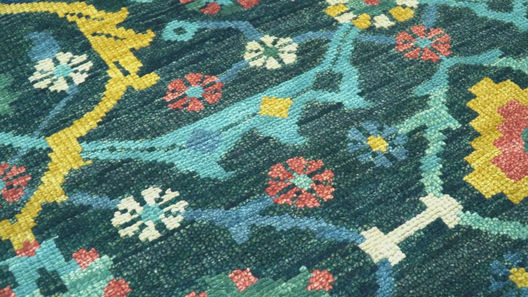 Custom Made Teal And Mustard Traditional Floral Motifs Hand Knotted Wool Rug
