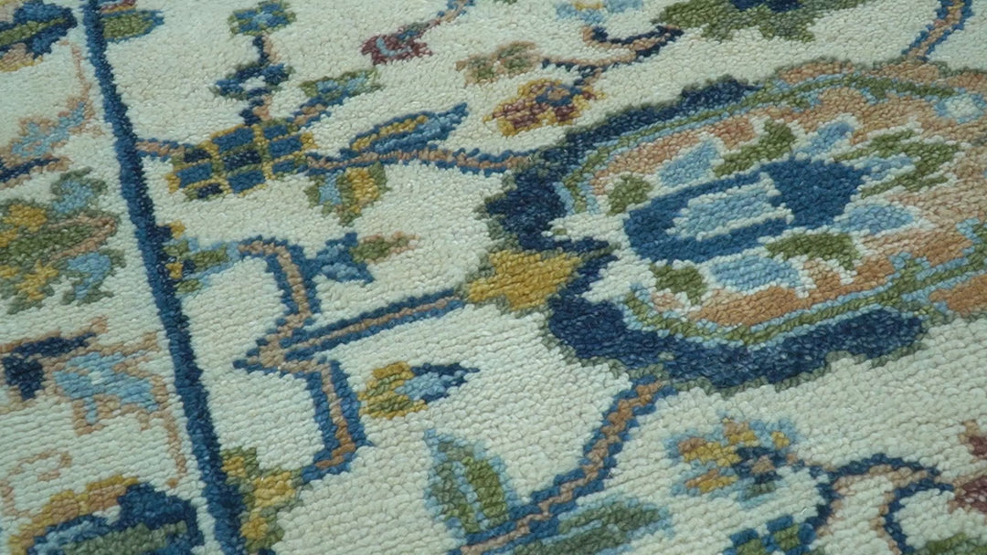 Custom Made Traditional Oushak Design Ivory And Blue Hand Knotted Wool Area Rug