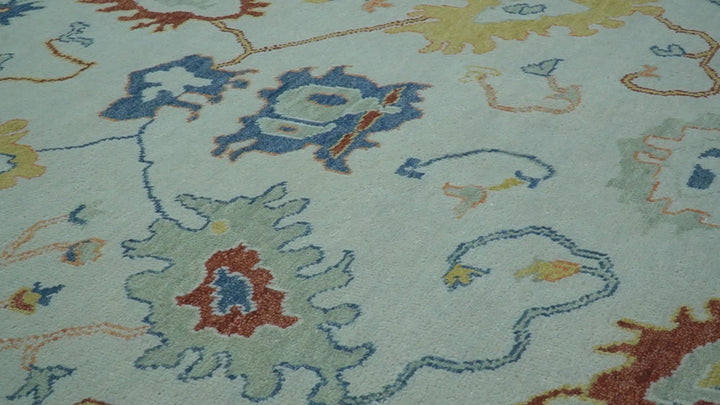 Modern Oushak Ivory And Blue Hand Knotted Wool Rug