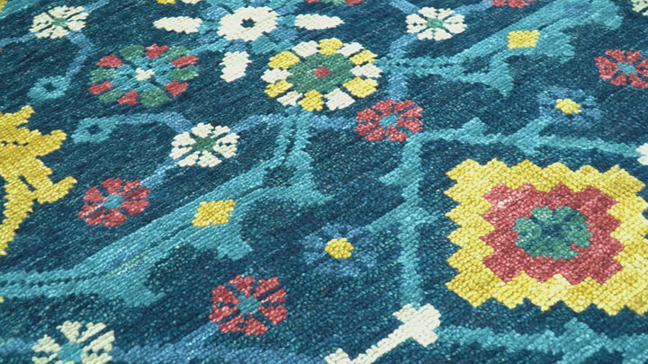 Custom Made Blue And Mustard Traditional Floral Motifs Hand Knotted Wool Rug