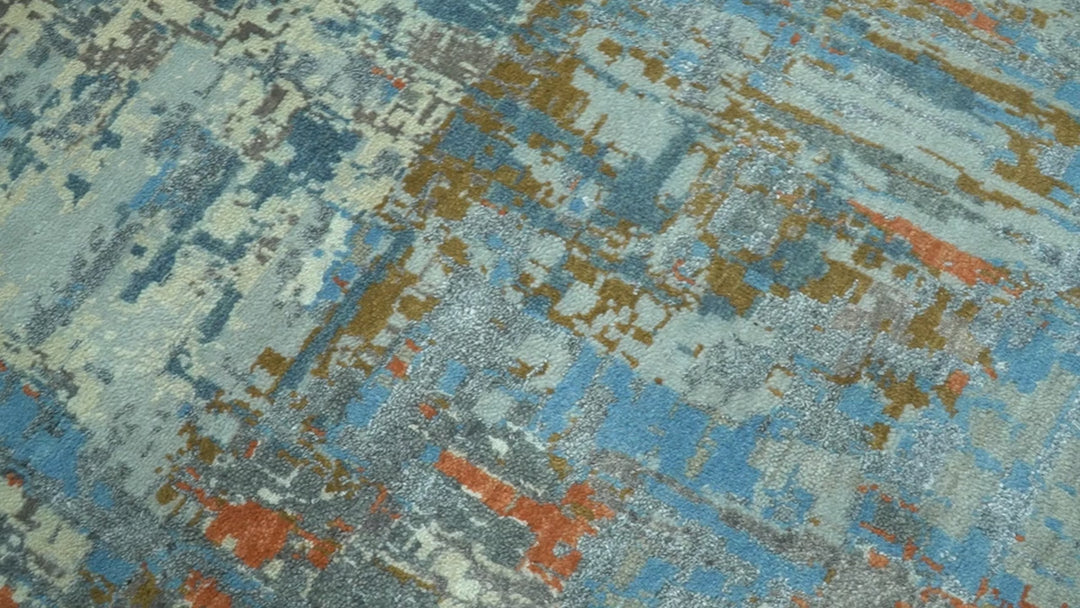 Modern Abstract Design Beige And Blue 8x10 Hand Knotted Wool, Art Silk Rug