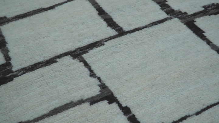 Custom Made Contemporary Ivory And Dark Brown Hand Knotted Wool Rug