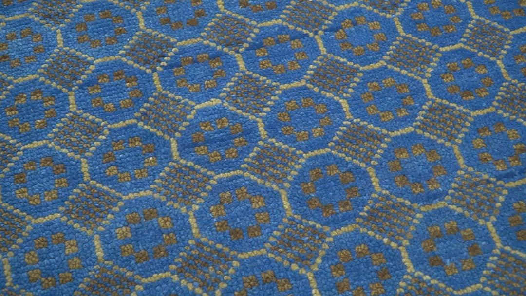 Blue and Charcoal geometrical honey comb design Hand knotted 8x9.6 wool Area Rug