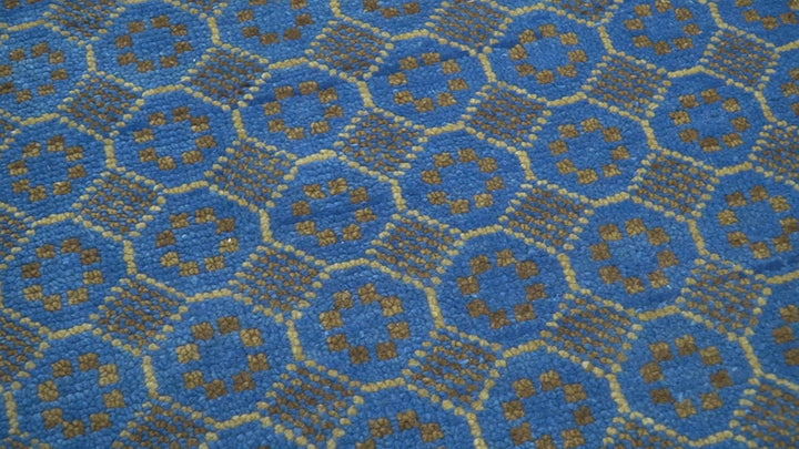 Blue and Charcoal geometrical honey comb design Hand knotted 8x9.6 wool Area Rug
