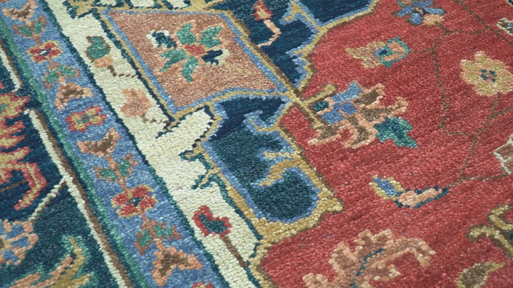 Custom Made Traditional Heriz Red And Blue Hand Knotted Wool Rug