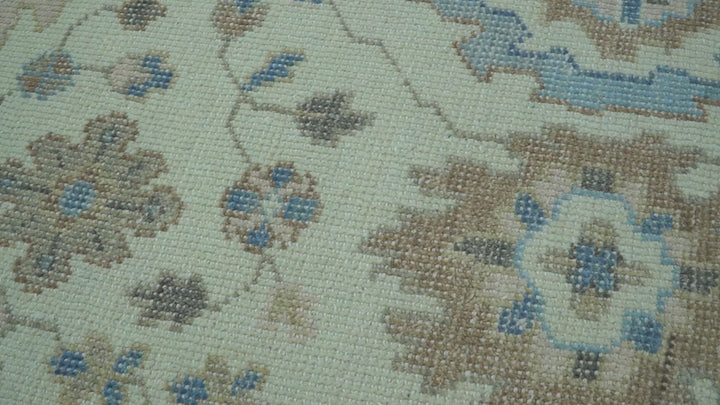 Custom Made Hand Knotted Beige and Blue Traditional Turkish Wool Area Rug