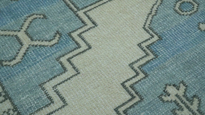 Custom Made Traditional Turkish Blue And Ivory Hand Knotted Wool Area Rug