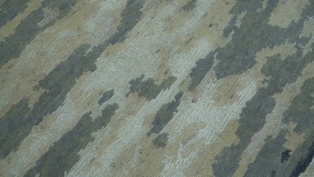 Modern Abstract Blue And Beige Hand Knotted 8x10 Wool And Bamboo Silk Rug