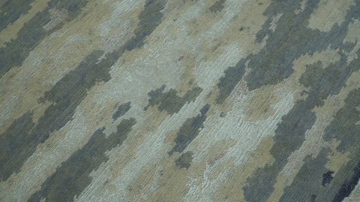 Modern Abstract Blue And Beige Hand Knotted 8x10 Wool And Bamboo Silk Rug