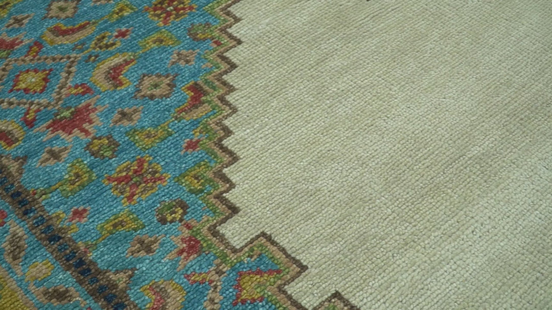 Custom Made Traditional Serapi Design Ivory And Blue Hand Knotted Wool Rug