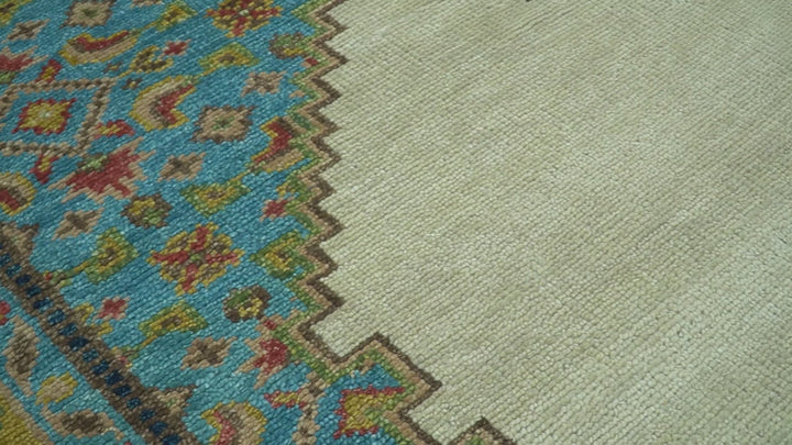Custom Made Traditional Serapi Design Ivory And Blue Hand Knotted Wool Rug