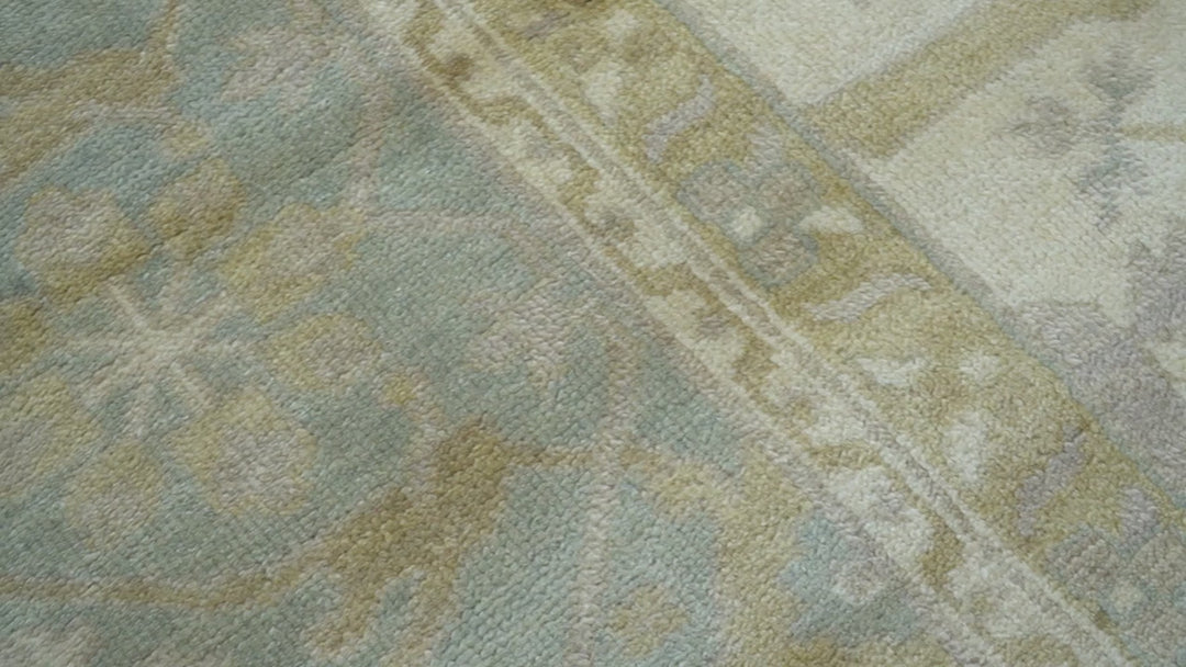 Hand Knotted Beige And Blue Traditional Oushak Design 12x15 Wool Rug