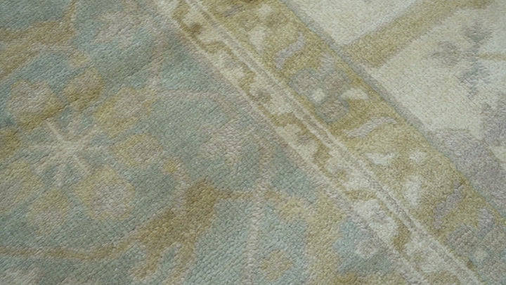Hand Knotted Beige And Blue Traditional Oushak Design 12x15 Wool Rug