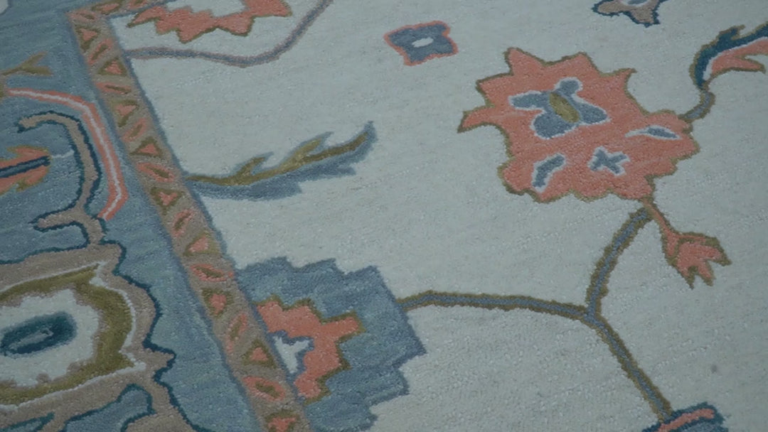 Allure Custom Made Ivory And Blue Traditional Oushak Hand Tufted Wool Rug