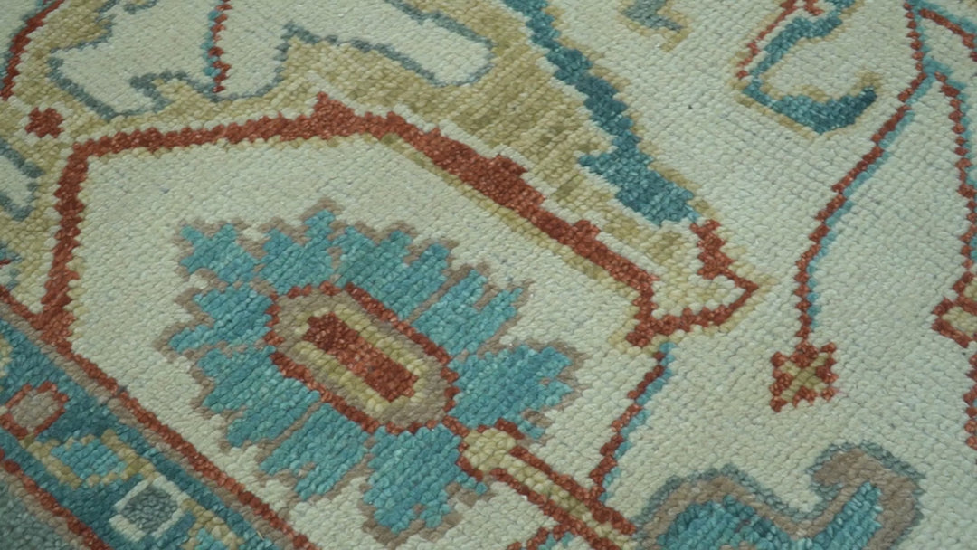 Custom Made Traditional Oriental Oushak Ivory And Blue Hand Knotted Wool Rug