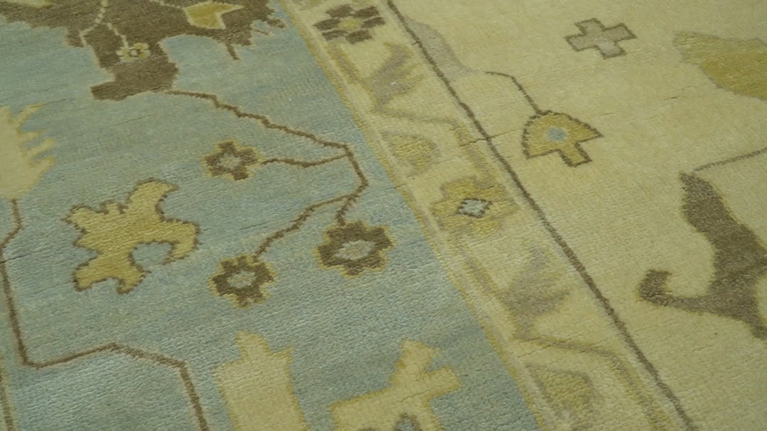 Traditional Oushak Design Blue And Beige Hand Knotted 9x13 Wool Area Rug