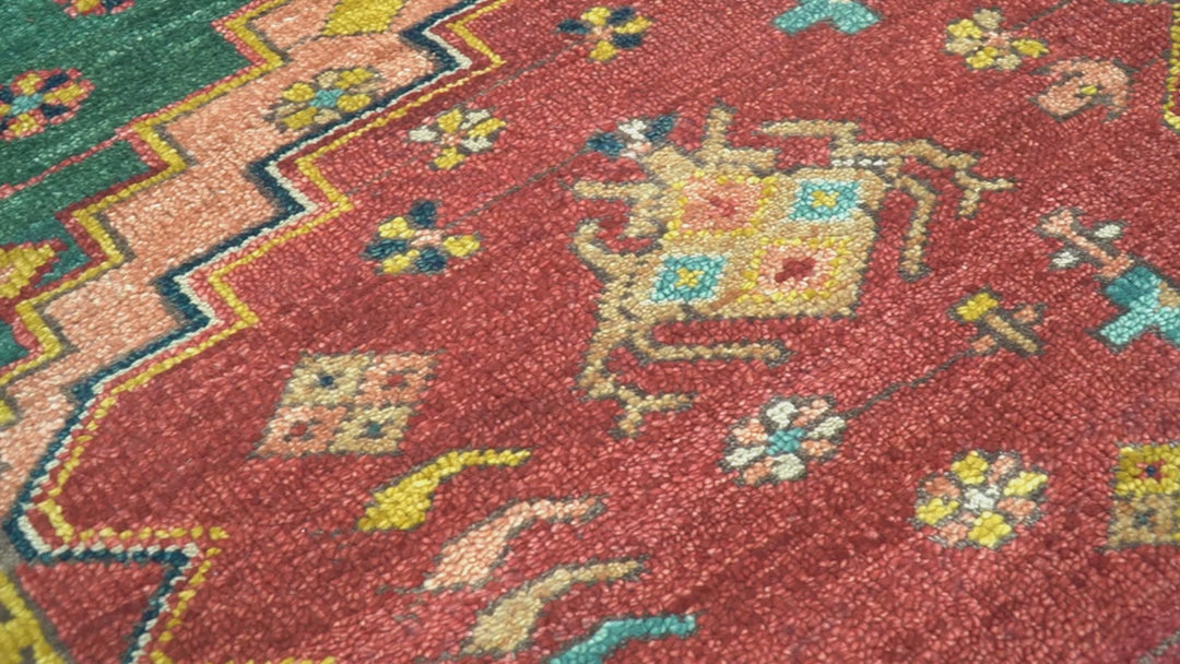 Custom Made Traditional Heriz Design Red And Green Hand Knotted Wool Rug