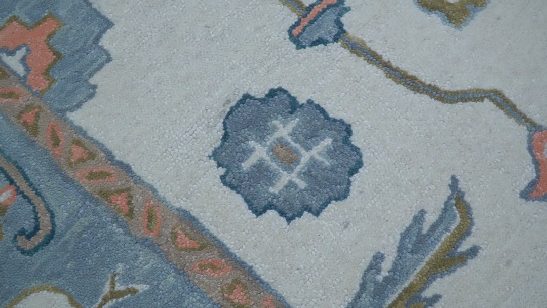 Allure Custom Made Ivory And Blue Traditional Oushak Hand Tufted Wool Rug