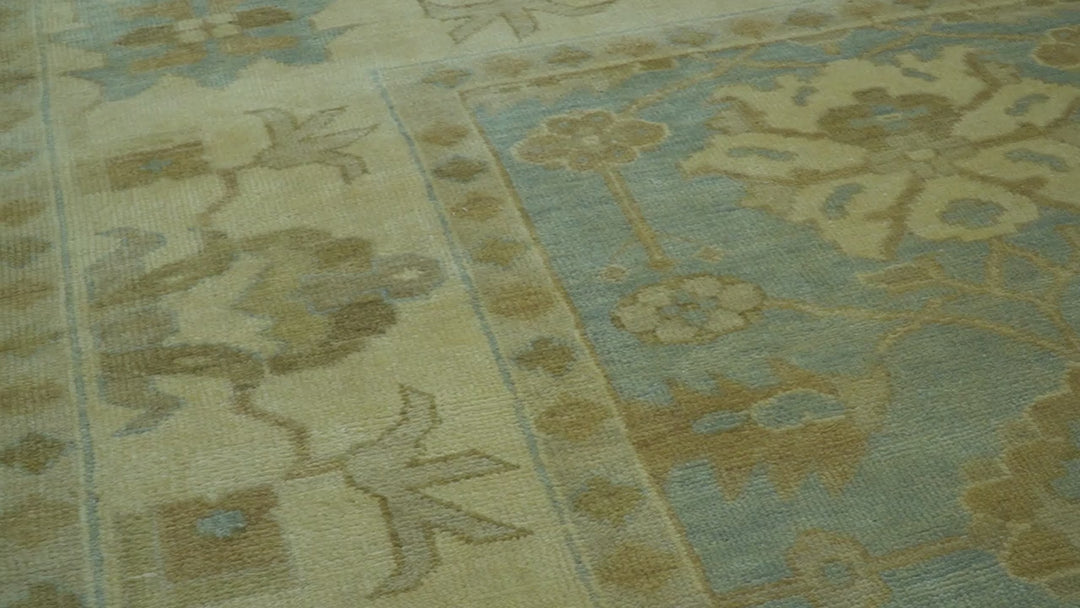 Traditional Oushak Design Beige and Blue Hand Knotted Wool Area Rug